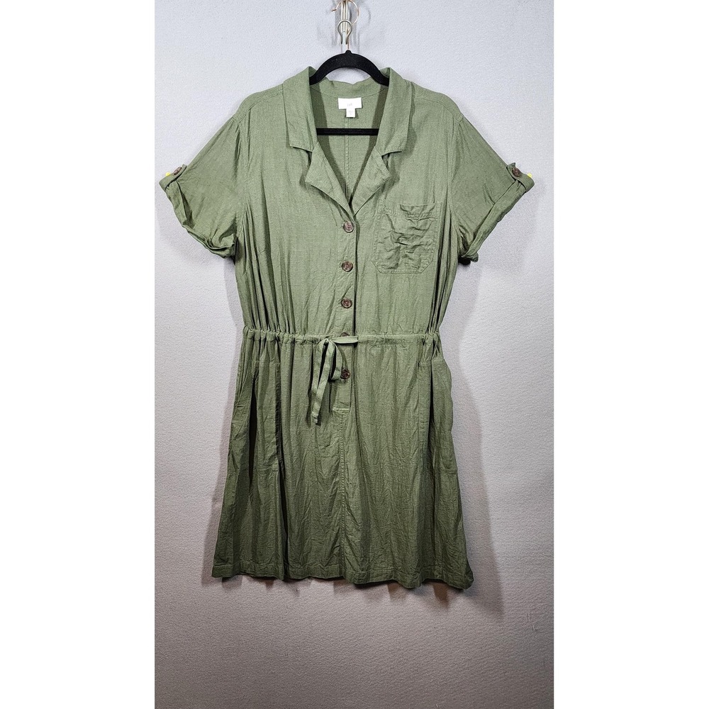 JJill Utility Dress Womens Large Green Short Sleeve Button Front Belted Pockets